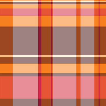 Give textile seamless texture, punk background check tartan. Bed vector plaid pattern fabric in orange and red colors.