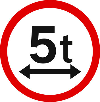 Prohibitory traffic sign for 5t weight limit. Red circular road sign with 5 ton load restriction. Vehicle weight limit warning icon. ,Clean grouped each Icon