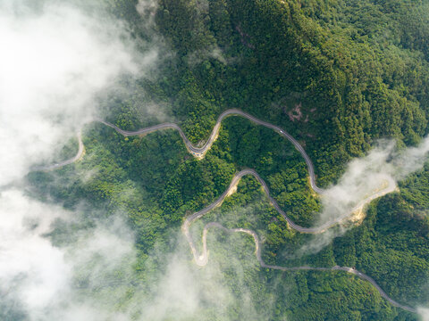 A winding road snakes through the lush green mountains of the Dabie Shan range located in the Hubei province of China seen from an aerial view