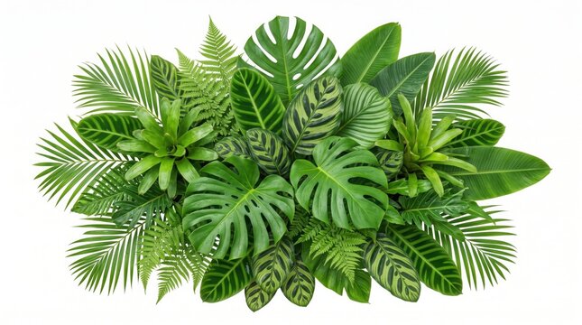 Botanical collection features assorted tropical plants and ornamental greenery grouped as a dense cluster.