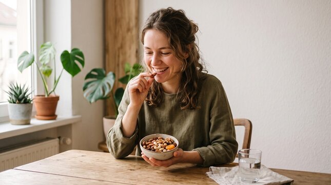 Smiling woman enjoys a healthy snack of mixed nuts and dried fruit at a wooden table indoors