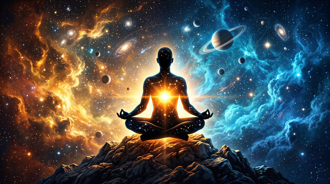 Meditating silhouette in lotus position with glowing heart chakra amidst cosmic nebula and planetary systems in deep space