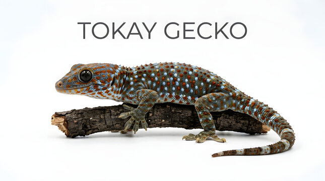 A Tokay gecko resting on a tree branch, showcasing its colorful patterned skin and alert eyes