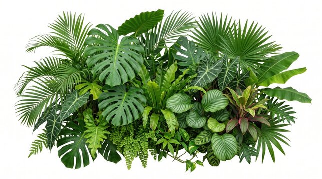 Jungle foliage display showcases a variety of broad tropical leaves and dense fern greenery together.