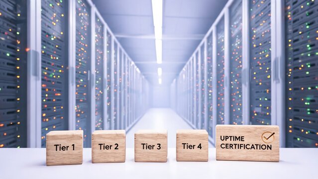 Data Center Tier Uptime Certification Concept, Low Angle Corridor View