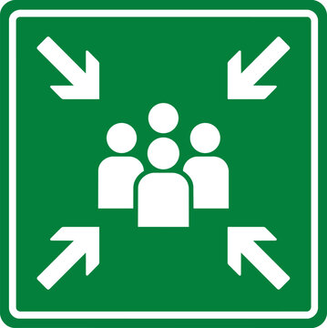 Emergency assembly point sign vector, green evacuation meeting spot icon, safety muster station symbol for fire drills ,Clean grouped each Icon