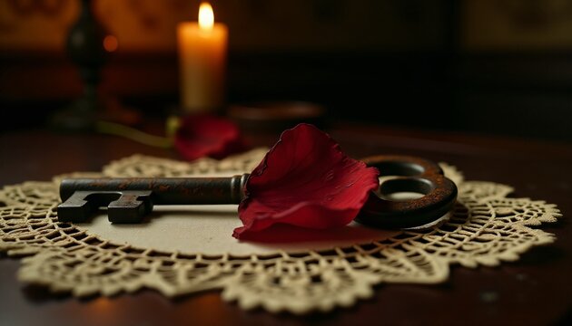Antique rusty key and red rose petal on lace with candle background