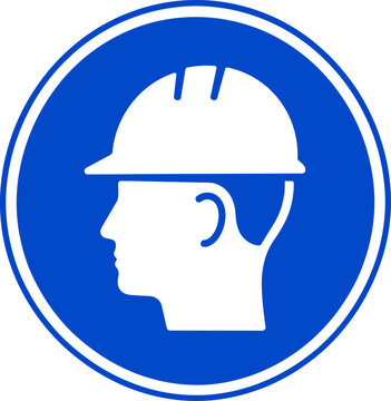 Industrial safety helmet mandatory sign, blue construction worker head icon, protective hard hat symbol for site security and labor health ,Clean grouped each Icon
