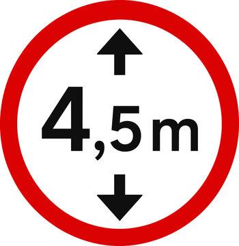 Height limit traffic sign vector, 4.5m maximum clearance road symbol, red circle warning icon for bridge and tunnel safety ,Clean grouped each Icon