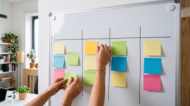 Hands arranging colorful sticky notes on a whiteboard grid for project planning and task management