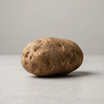Potato sits isolated on a neutral surface to highlight its textured skin and natural earthy brown color.