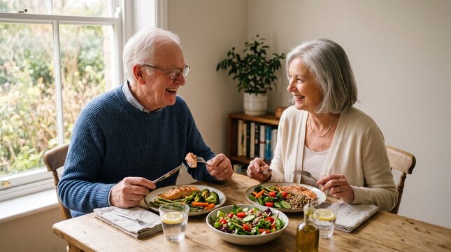 Elderly couple enjoying a healthy meal together at a wooden table, sharing laughter and conversation