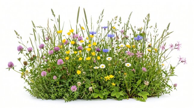 Wildflowers grow in a lush meadow patch featuring diverse species of colorful petals and tall green grasses.