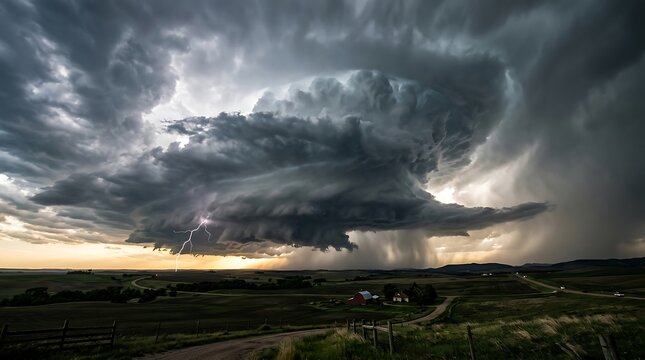 Severe thunderstorm with a massive rotating cloud overhead at dusk.