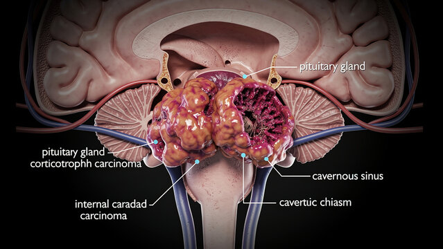 Pituitary corticotroph carcinoma 3D medical illustration, brain sagittal anatomy showing malignant pituitary tumor