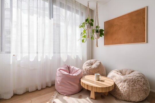 Pastel Cozy School Co-Working Corner with Bean Bags Wooden Table and Hanging Plants by Window