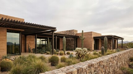 Fototapeta premium Desert residence exterior with pergola stone wall and cactus planting