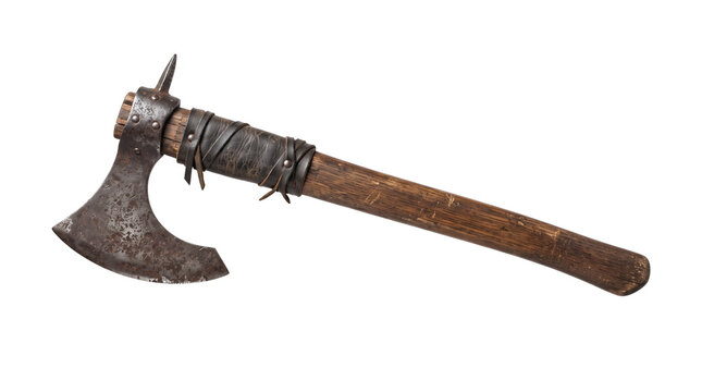 Medieval battle axe with weathered iron head, rustic viking hatchet with leather wrap handle, ancient forged steel war axe isolated PNG with Transparent Background