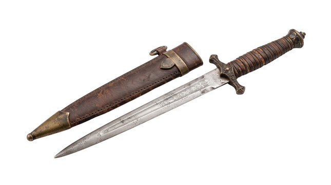 Antique military dagger with leather scabbard, vintage steel combat knife, historical bladed weapon with brass accents and textured grip isolated PNG with Transparent Background