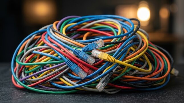 Tangled pile of colorful ethernet cables with connectors on a dark surface