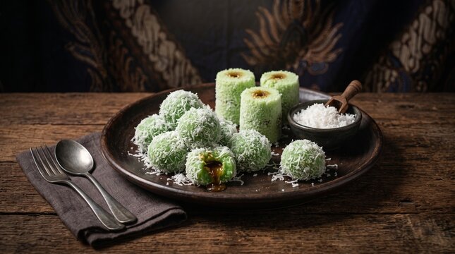 Klepon dan kue putu. Klepon dan kue putu Indonesia. Indonesian Traditional Sweet Cakes Klepon Kue Putu. Traditional Indonesian Sweet Snacks Klepon Rice Balls and Kue Putu Pandan on Dark Wooden Table
