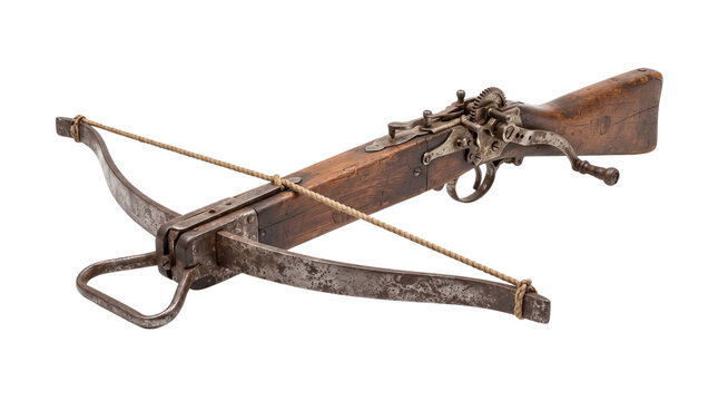 Antique medieval crossbow with wooden stock and iron bow, vintage hunting weapon on white background, historical archery equipment
