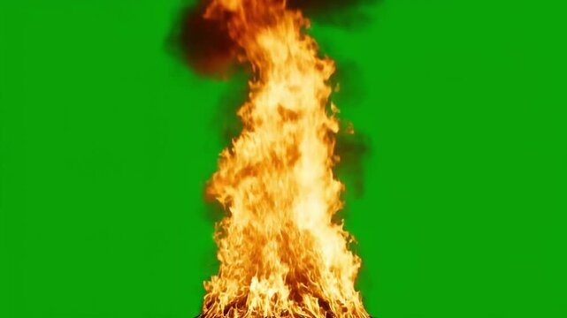 Three fire flames burning vertically on a green screen background on transparent background