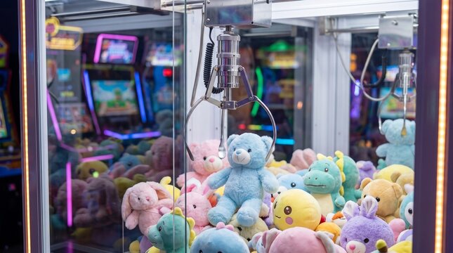 Arcade claw machine filled with plush toys, metal crane claw above blue teddy bear, hanging inside glass cabinet, in illuminated amusement center, entertainment stock photography