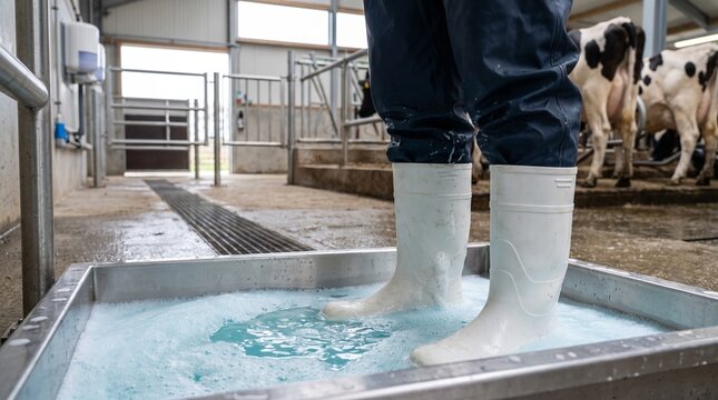 Farm technician in rubber boots, with white footwear submerged in blue foam, standing in biosecurity footbath, livestock barn interior, agriculture photography