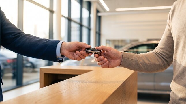 Car dealer and customer hands, with electronic key fob close up, passing key over wooden desk, auto showroom interior, commercial photography