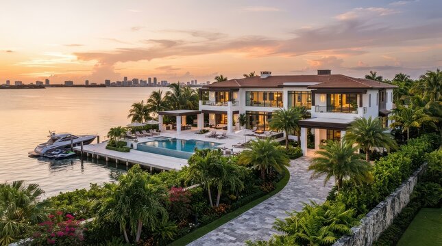 Bayfront luxury house with pool terrace boat dock and skyline at sunrise