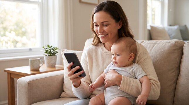 Mother and infant baby, with dark screen mobile device, looking together at phone screen, cozy living room interior, lifestyle photography