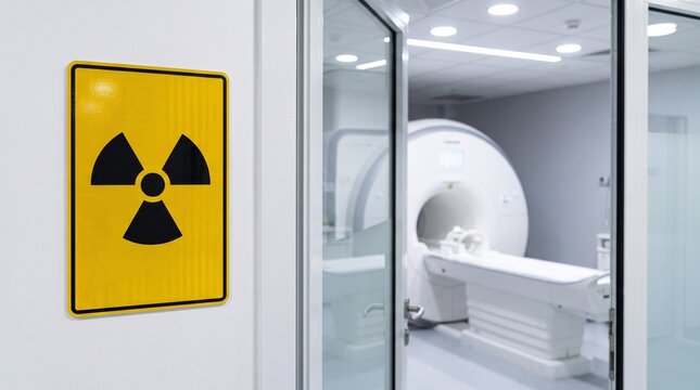 Yellow radiation sign on door, with radioactive warning symbol print, mounting on glass door framing MRI scanner, in modern hospital radiology clinic, medical equipment photography