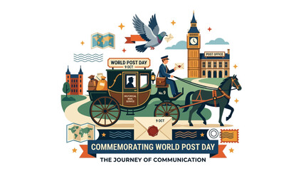 Fototapeta premium World Post Day Illustration with Vintage Carriage and Mail