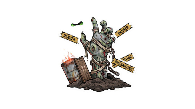 Zombie hand rising from ground, undead monster arm with danger tape, spooky halloween creature illustration on white background