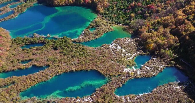 Aerial footage of stunning Jiuzhaigou landscapes