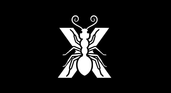Minimalist Ant and X Symbol in White on Black.