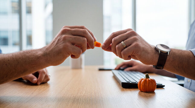 Close-up of hands passing candy corn across a clean desk with a tiny pumpkin, symbolizing Halloween sharing and connection for employee recognition visuals.