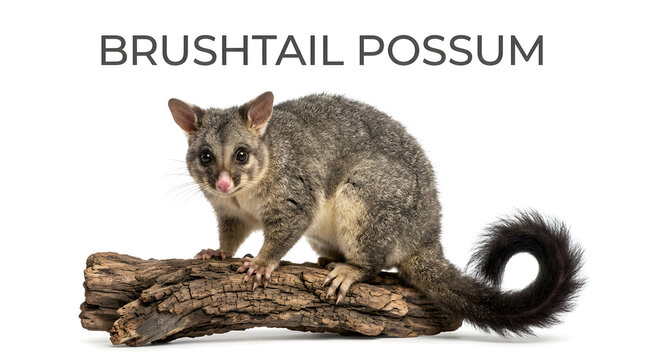 A brushtail possum perched on a log with its tongue slightly out