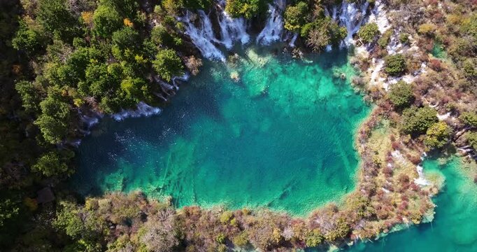 Aerial footage of stunning Jiuzhaigou landscapes