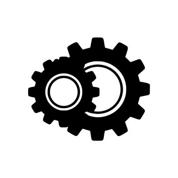Interlocking black gear wheels mechanical design icon.