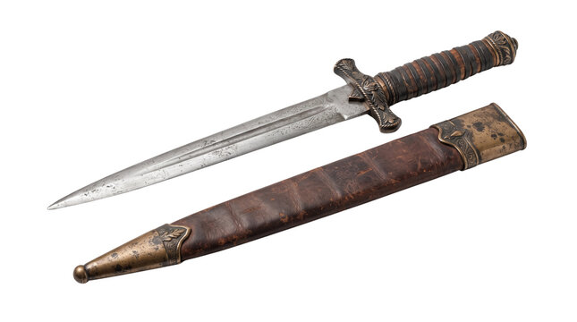 Vintage antique dagger with leather scabbard, historical medieval short sword, rustic steel blade with weathered bronze hilt on white background