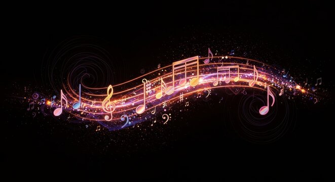 Colorful musical notes swirling on black background