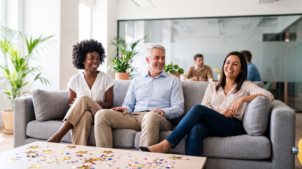 Fototapeta premium A wide shot of colleagues relaxing, chatting and swaying in a bright office lounge with New Year decorations, for internal communications.