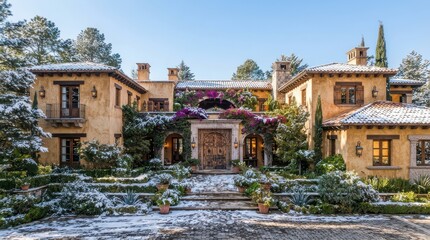 Fototapeta premium Mediterranean villa courtyard with snow covered garden and arched wooden doorway
