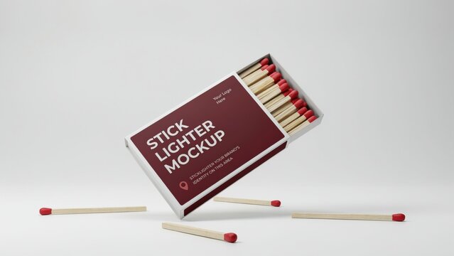 Red matchbox mockup floating with scattered matches on a clean background. Branding presentation concept for packaging design.