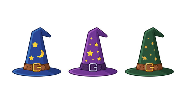 Three wizard hats in blue, purple, and green colors decorated with celestial patterns isolated on a white background.