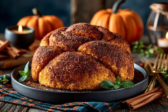 Pull apart pumpkin bread bun on plate with candles and pumpkins black plate cinnamon