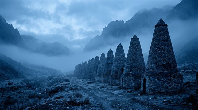 Ancient conical stone towers in a misty mountain valley.