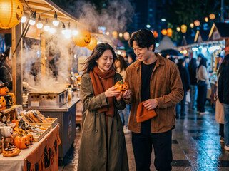 Obraz premium Asian couple shopping at a colorful Halloween night market with pumpkin lanterns for travel ads